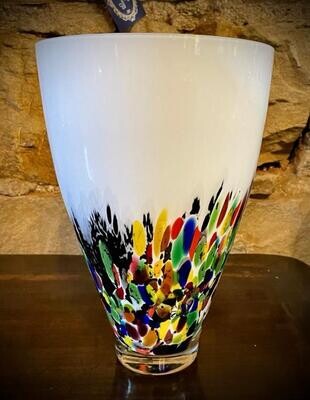 Wide Rimmed Glass Vase in White with Summer Flower Detail