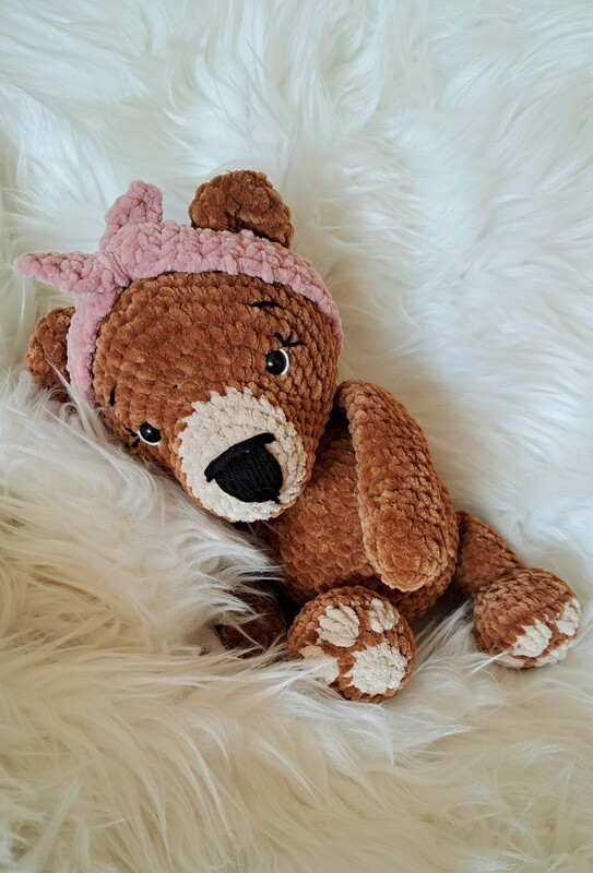 Doudou  Ours avec bandeau crocheté en fil de velours chenille marron