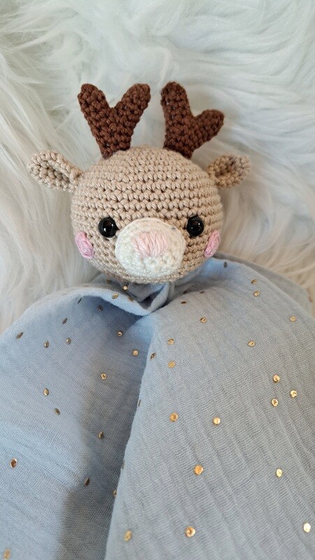 Doudou-lange en double gaze couleur bleu clair tête de Cerf