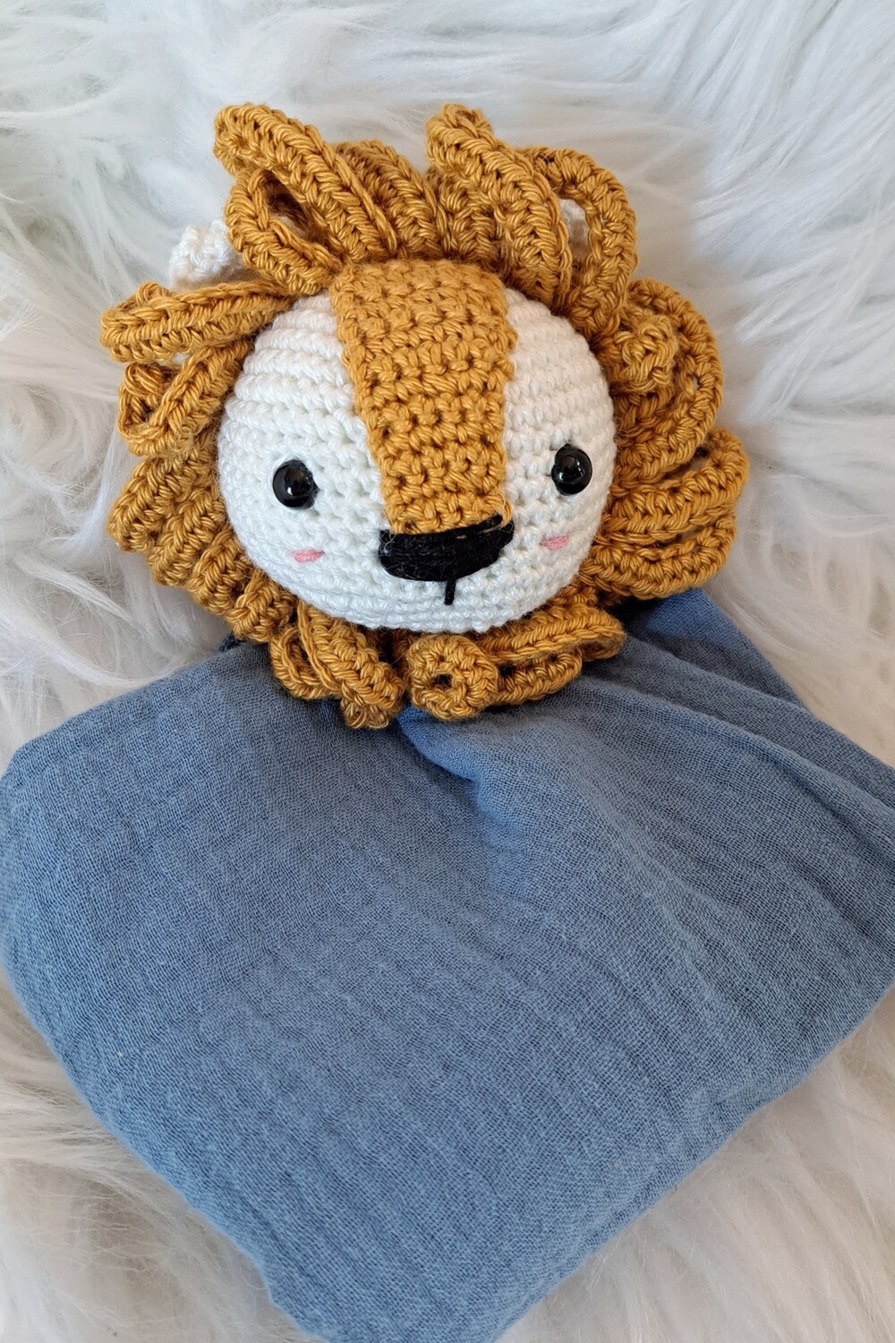 Doudou-lange en double gaze couleur bleu pétrole tête de Lion