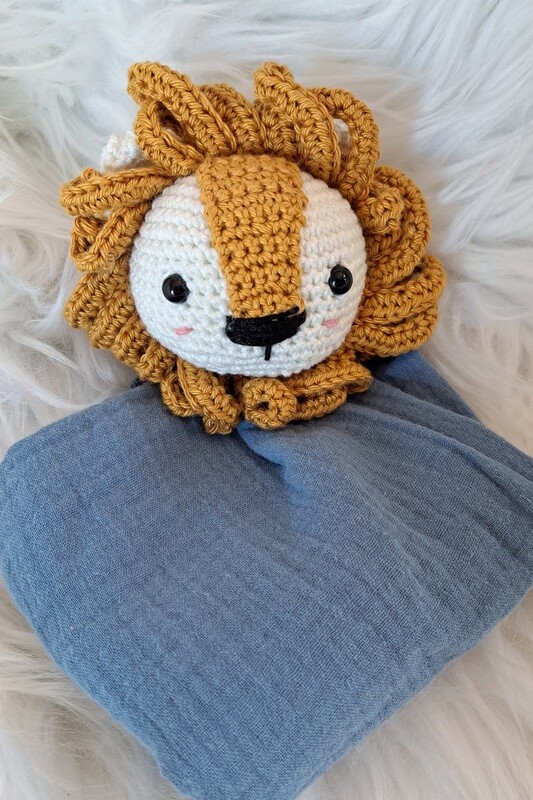 Doudou-lange en double gaze couleur bleu pétrole tête de Lion