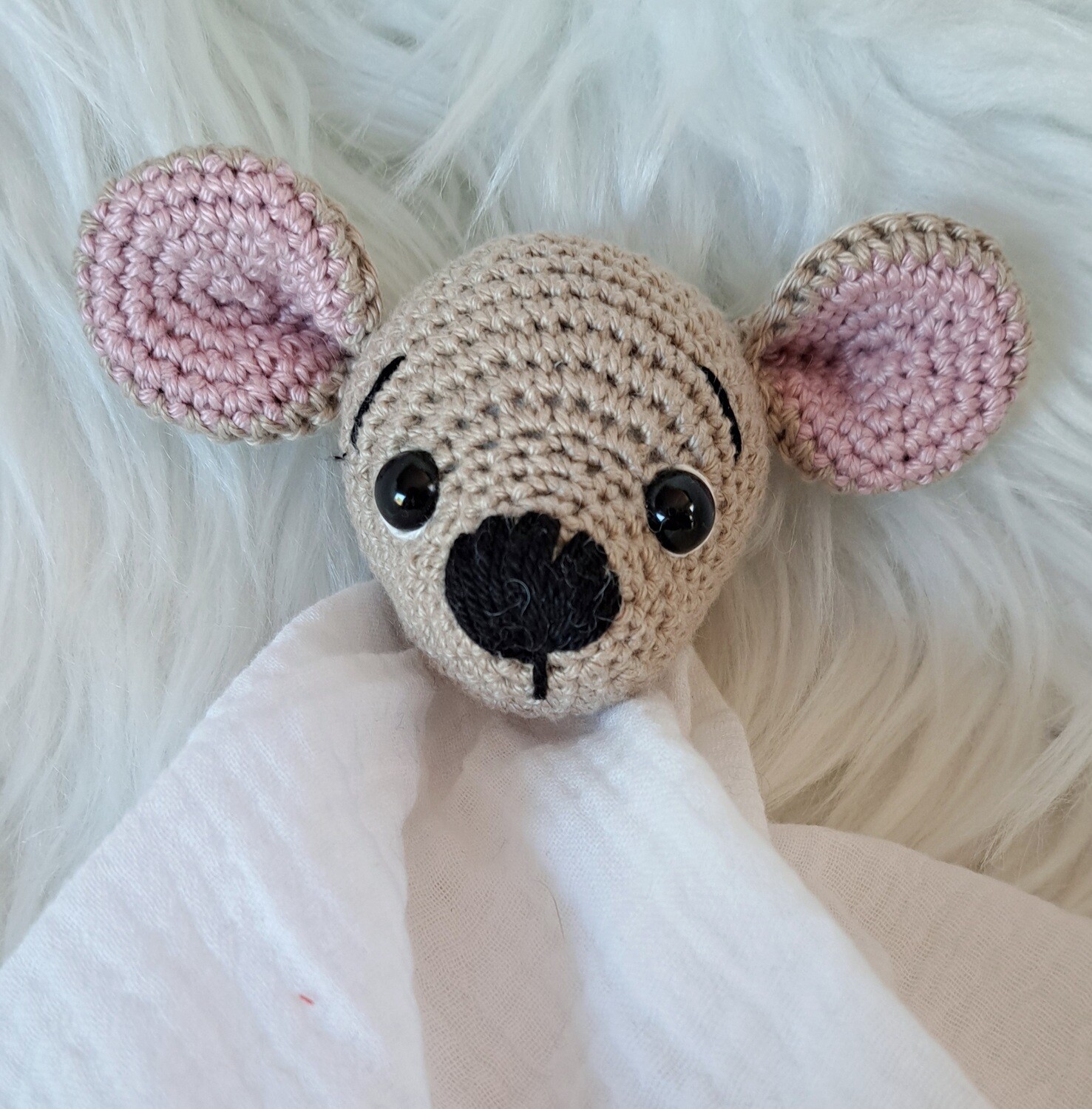 Doudou-lange en double gaze blanc et tête de Kangourou