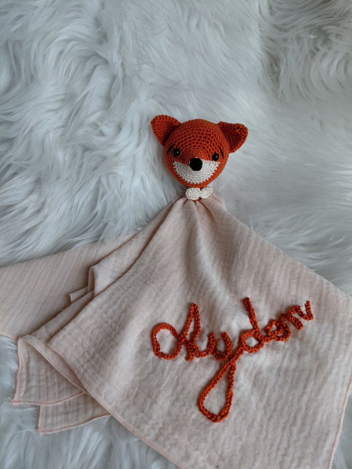 Doudou-lange en double gaze beige tête de renard