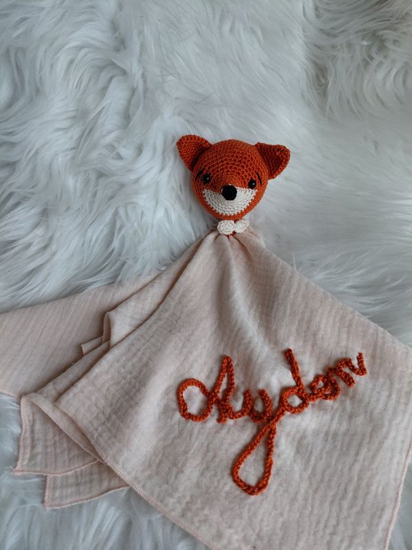 Doudou-lange en double gaze beige tête de renard