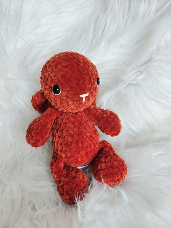 Doudou Lapin couleur rouille crocheté en fil chenille velours