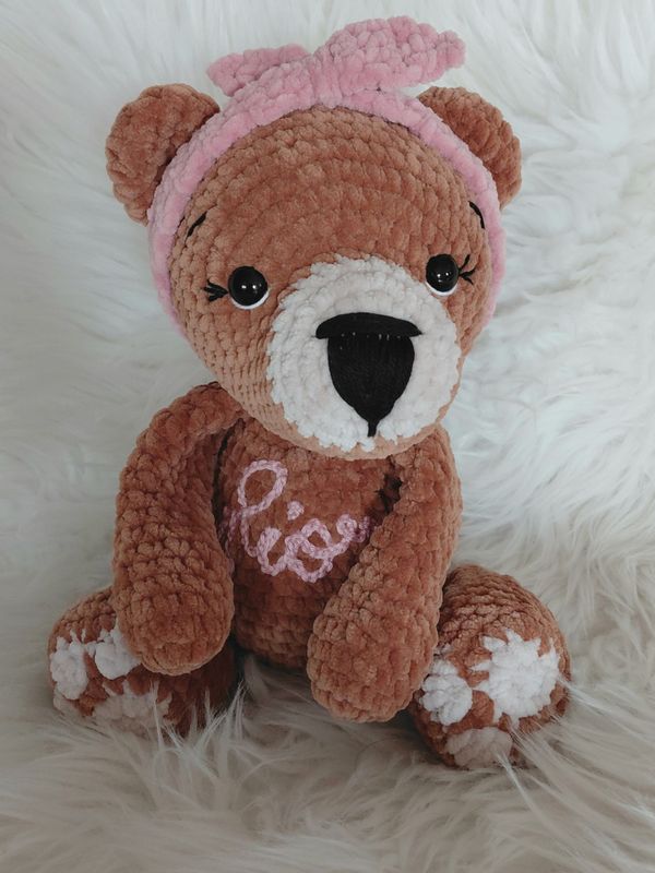 Doudou Nounours  (Ours) avec bandeau crocheté en fil de velours chenille marron