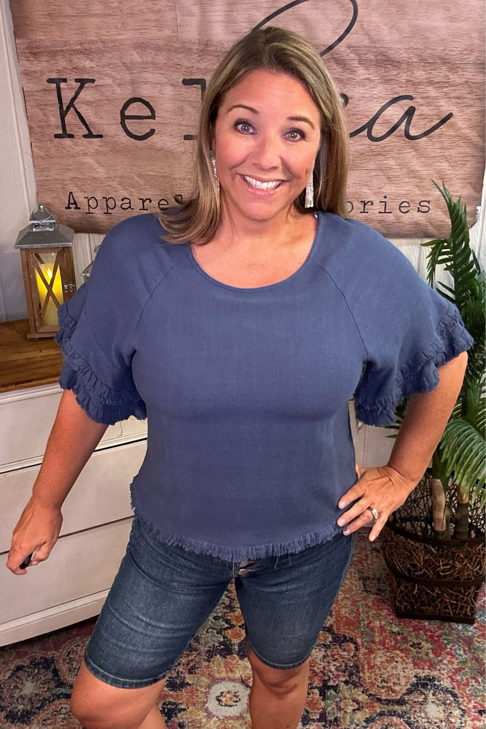Slate Blue Frayed Fringe Top