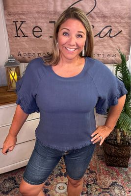 Slate Blue Frayed Fringe Top