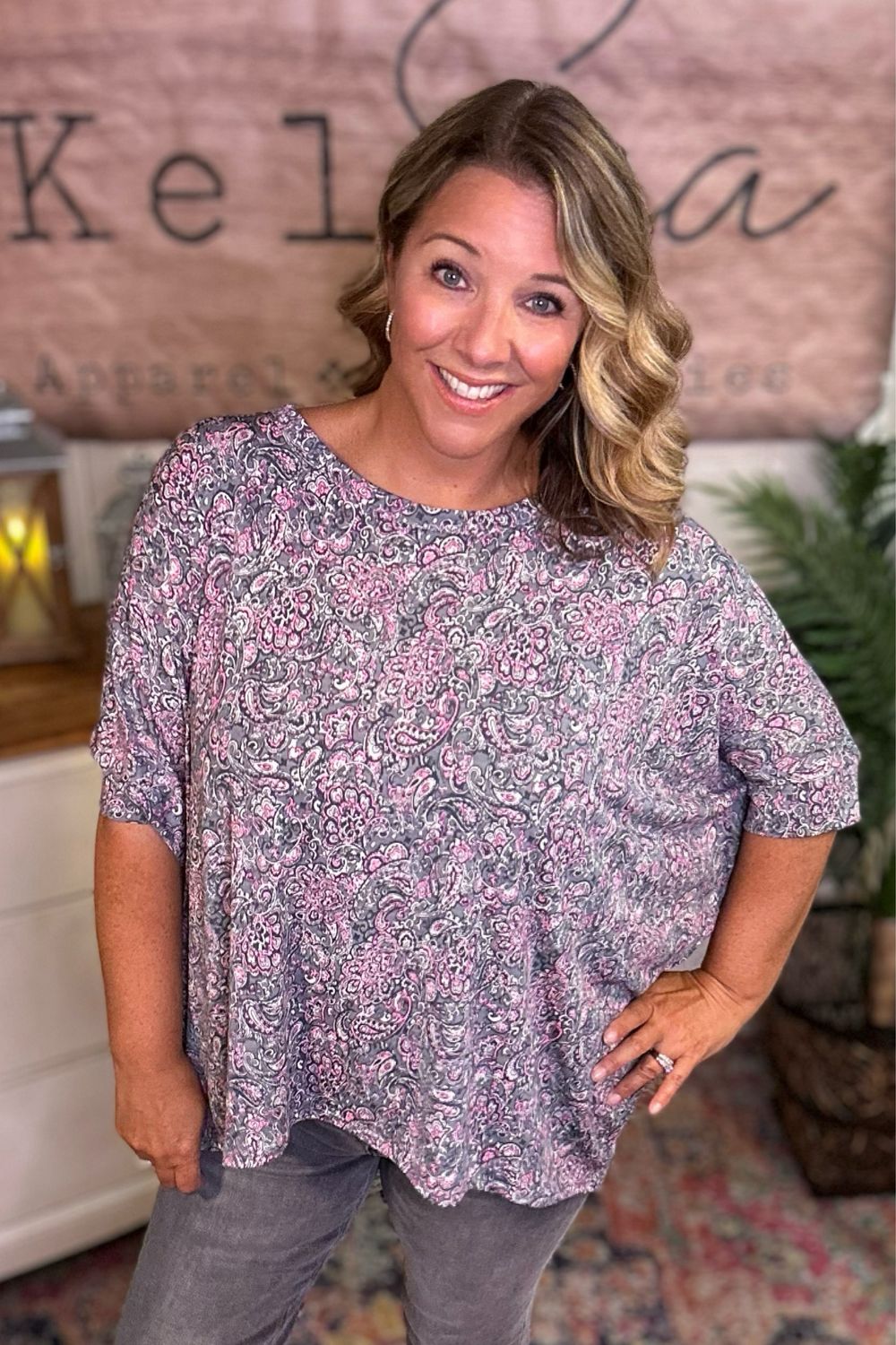 Grey & Pink Paisley Slinky Top