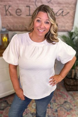 Cream Zig Zag Bubble Sleeve Top