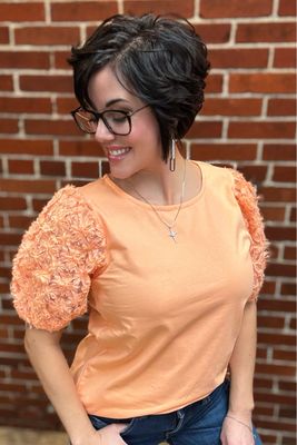 Apricot Floral Mesh Sleeve Tee