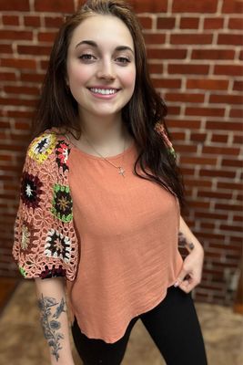 Cantaloupe Granny Square Sleeve Top