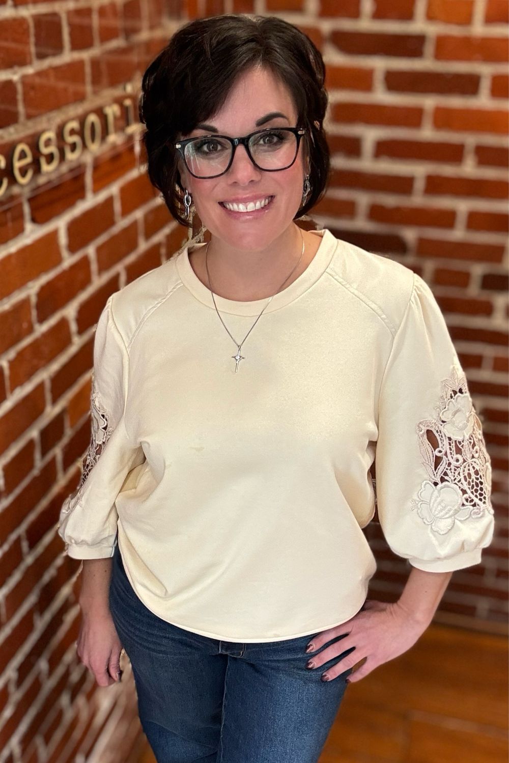 Cream Pleather &amp; Lace Pullover