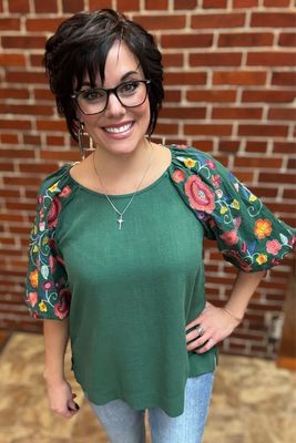 Forest Stitched Floral Sleeve Top