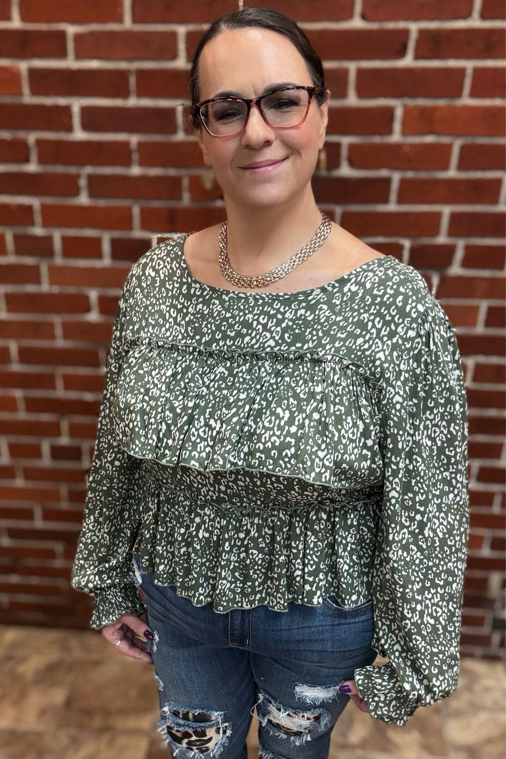 Olive Ruffled Animal Print Blouse