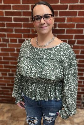 Olive Ruffled Animal Print Blouse