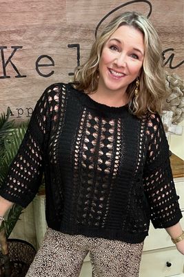 Black Open Crochet Knit Sweater