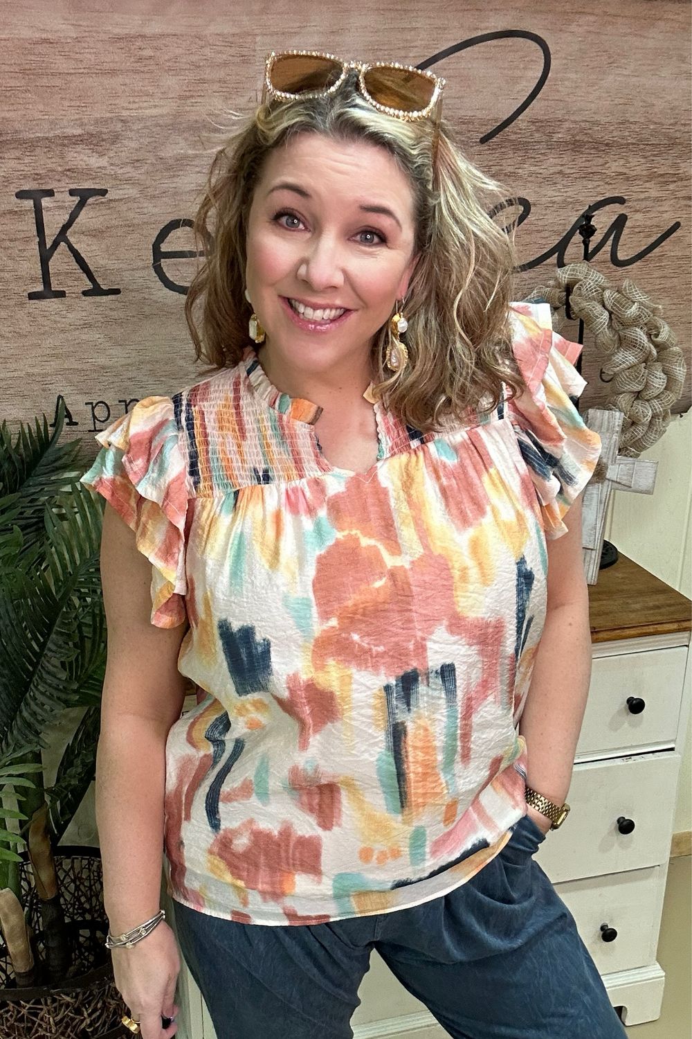 Rust Watercolor Mix Smocked Blouse