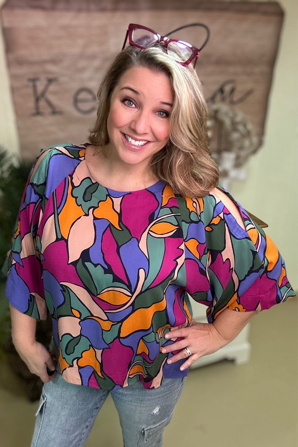 Groovy Mid-Tone Cold Shoulder Top