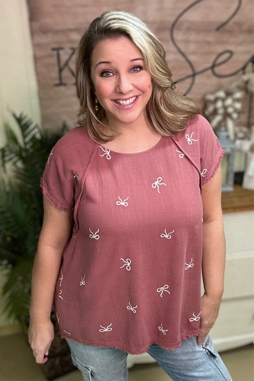 Rose Bow Embroidered Top