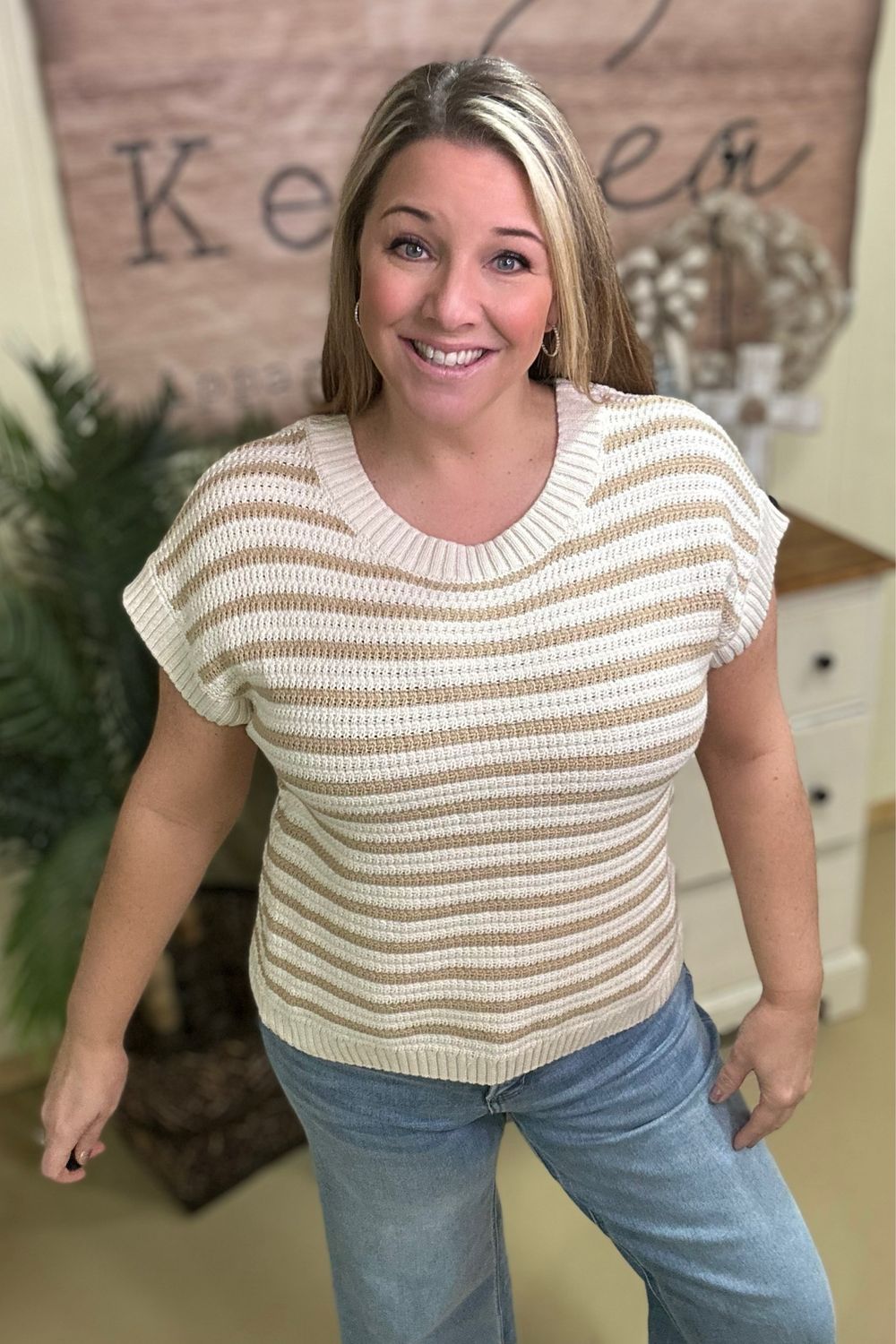 Tan Stripe Short Sleeve Sweater