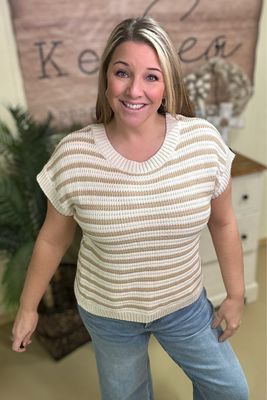 Tan Stripe Short Sleeve Sweater