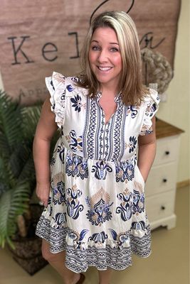 Navy Desert Flower Ruffled Dress