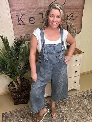 Washed Denim Distressed Overalls