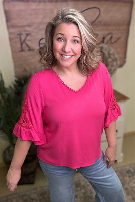 Fuchsia Lace Trimmed Sleeve Top