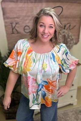 Silky Cream Mix Floral Pleated Blouse