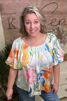 Silky Cream Mix Floral Pleated Blouse