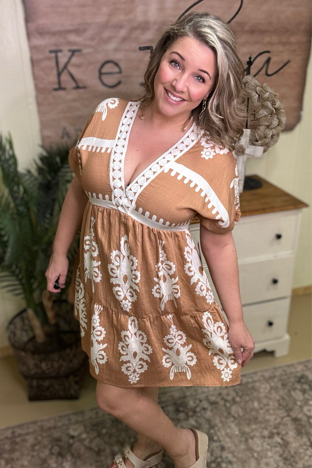 Clay Embroidered Neckline Boho Dress