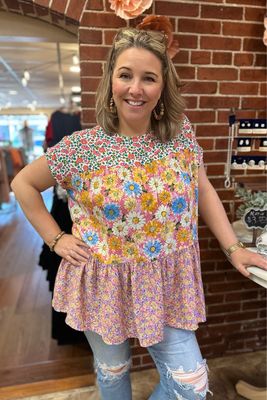 Pink Mixed Floral Tiered Top