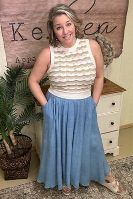 Chambray Pleated Maxi Skirt