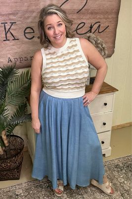 Chambray Pleated Maxi Skirt