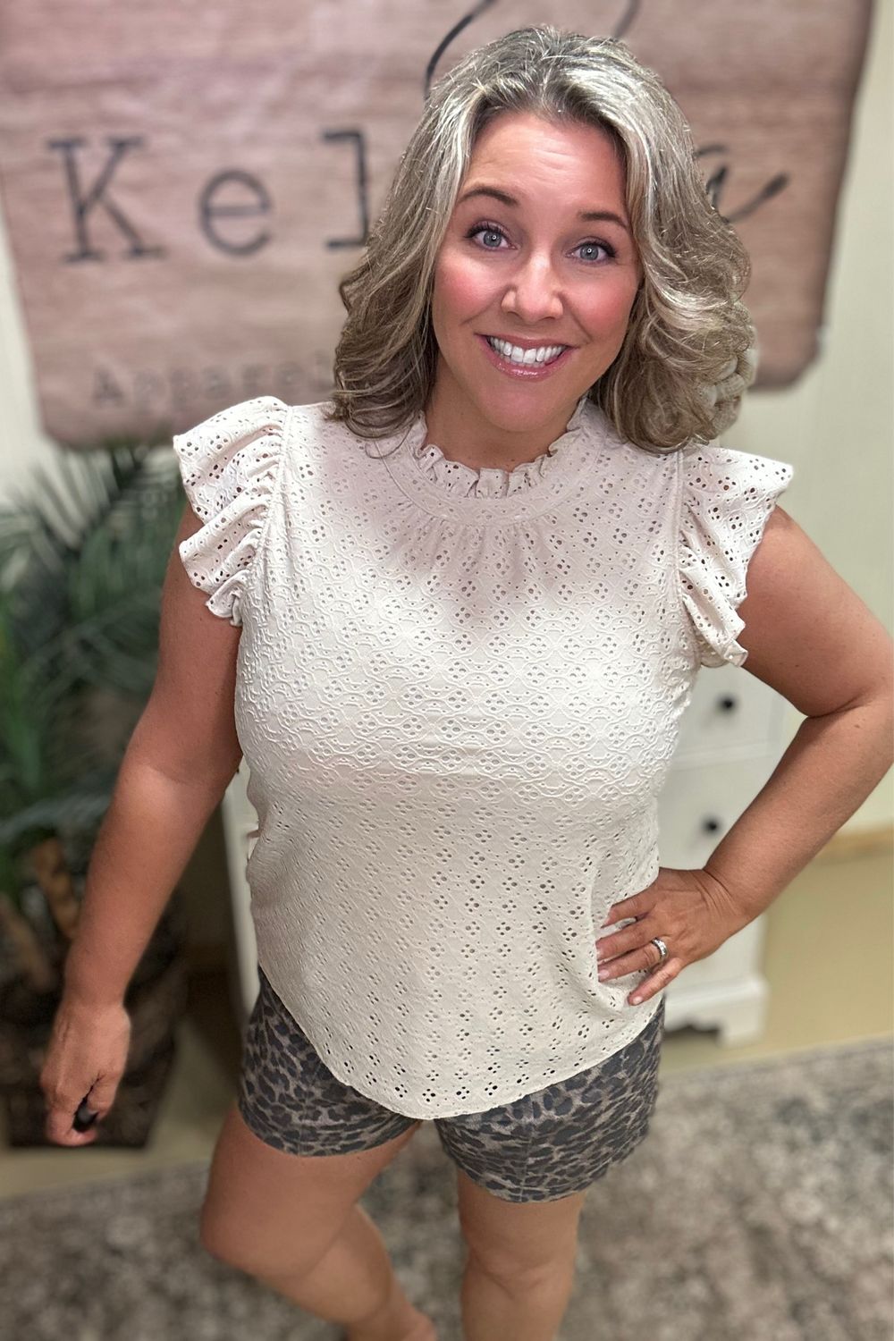 Cream Eyelet Mock Neck Ruffle Top