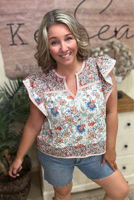 Red Mix Floral Flutter Sleeve Top