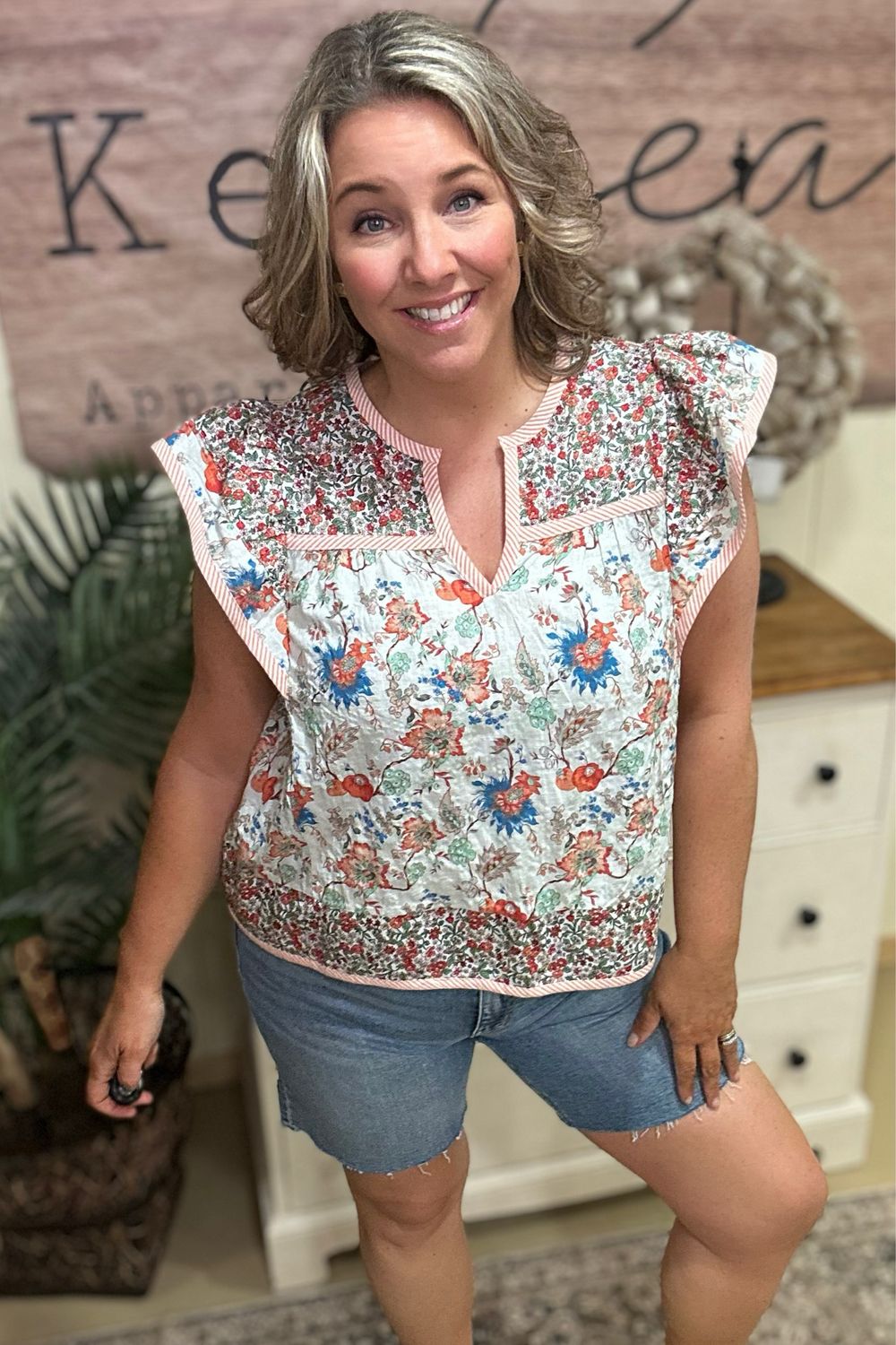 Red Mix Floral Flutter Sleeve Top