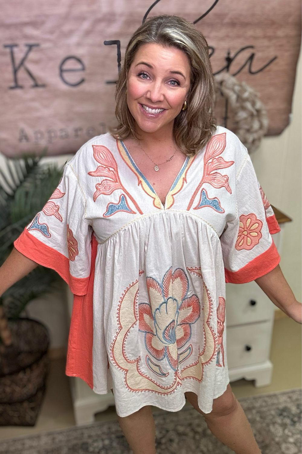 Coral Aqua Embroidery Dress