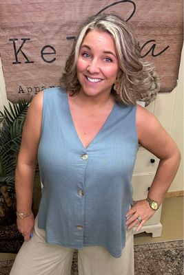 Blue Grey Linen Button Vest