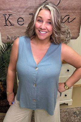 Blue Grey Linen Button Vest
