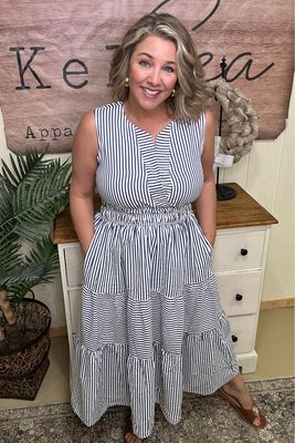 Navy Striped Seersucker Midi Dress