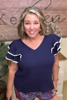 Navy Gauze Ruffled Top