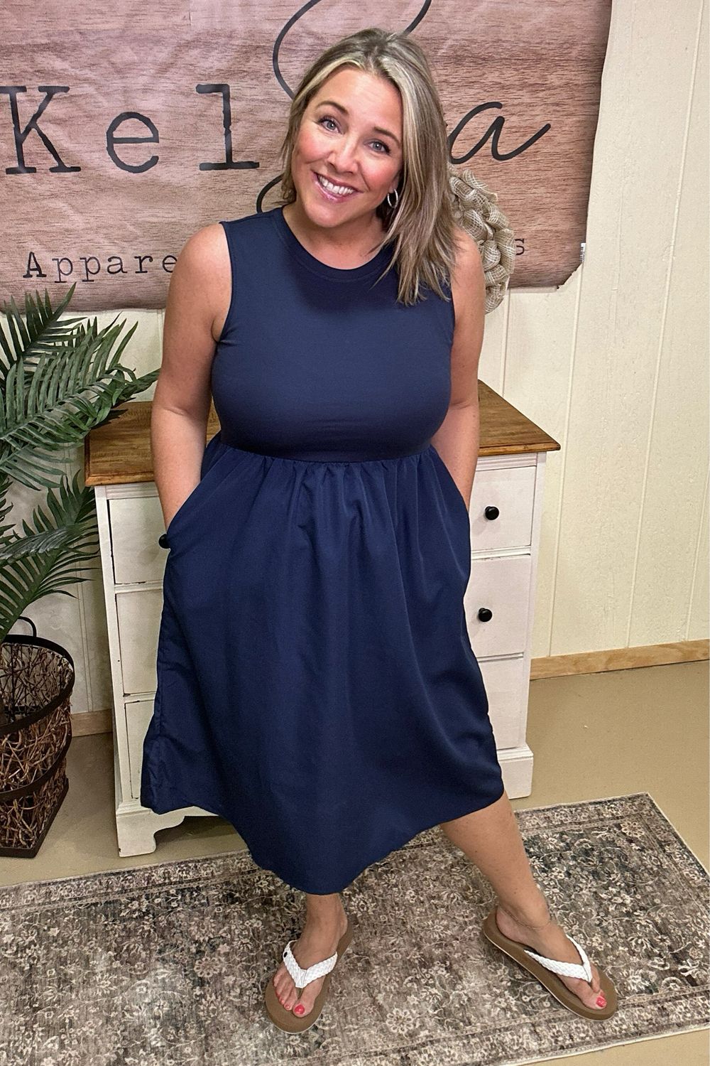 Navy Poplin Midi Dress