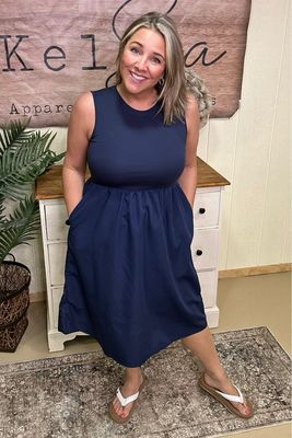 Navy Poplin Midi Dress
