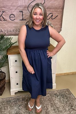 Navy Poplin Midi Dress