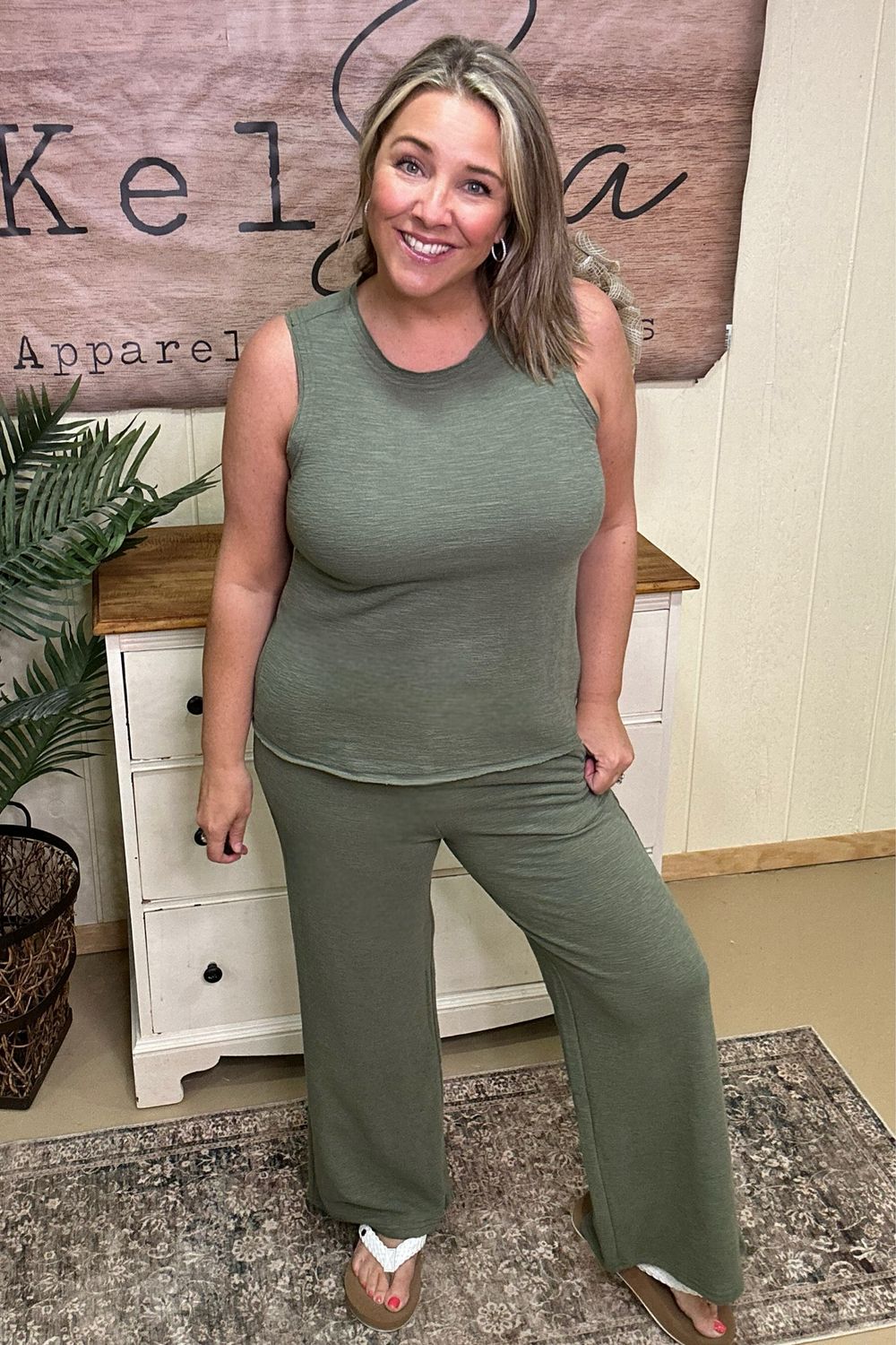 Olive Cotton Slub Tank &amp; Pants Set