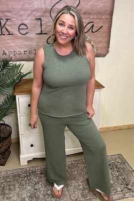 Olive Cotton Slub Tank &amp; Pants Set