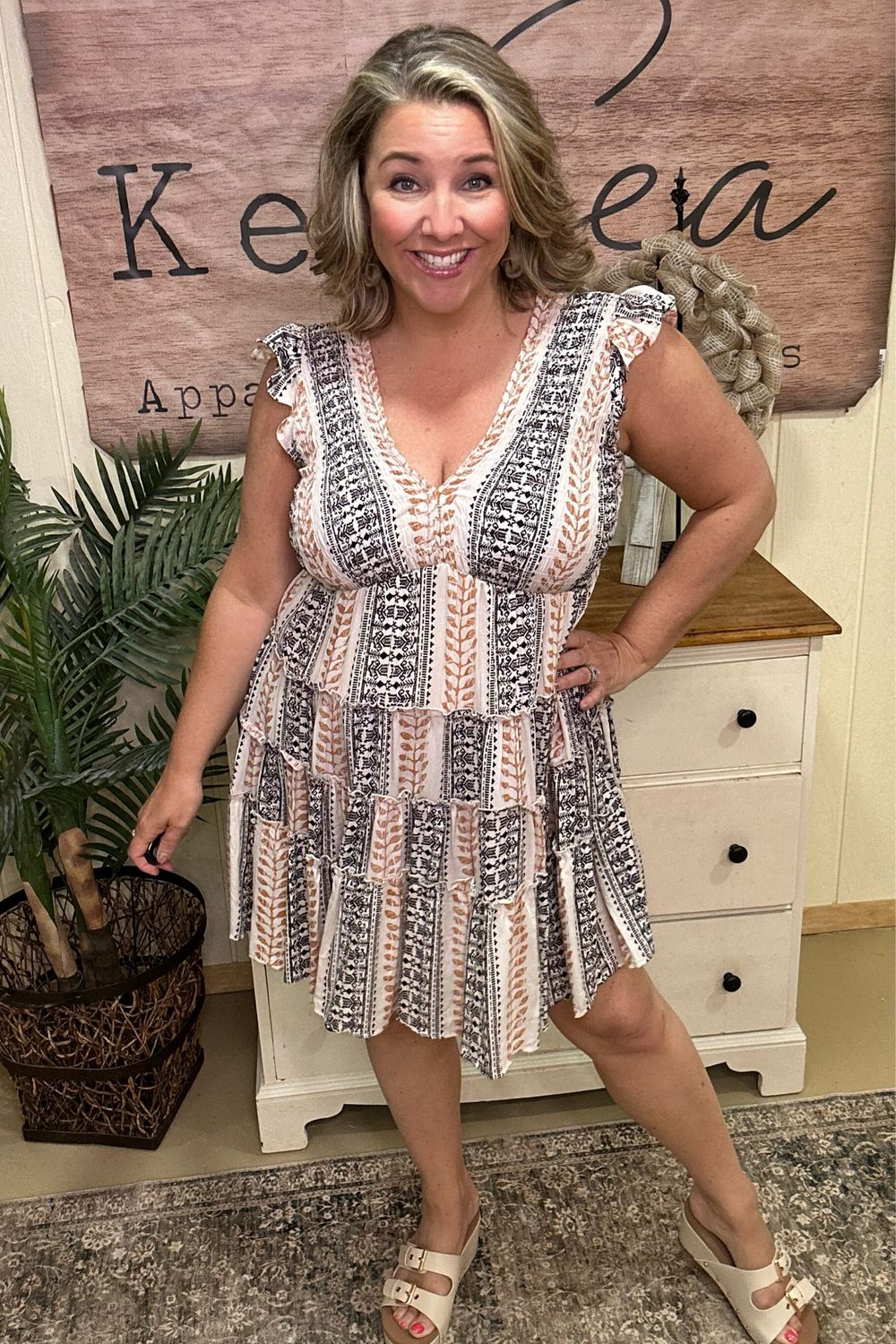 Ivory &amp; Black Aztec Smocked Dress
