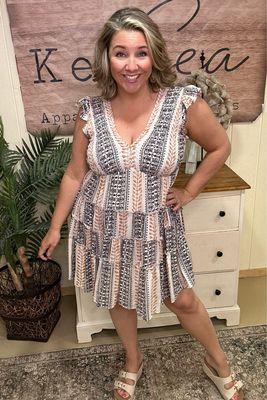 Ivory &amp; Black Aztec Smocked Dress